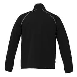A black packable jacket with long sleeves and a standing collar, featuring reflective accents and a logo.
