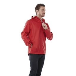 A red rain jacket featuring a hood, worn by a man with a thoughtful expression, includes branding details.