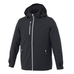A men's rain jacket in dark black, featuring a hood and multiple zippered pockets. Includes a logo on the chest.
