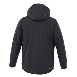 A black rain jacket featuring a hood and a logo on the back.