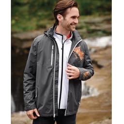 A grey rain jacket for men featuring a patterned design on one sleeve, with a hood and zippered pockets.