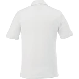 A short sleeve polo shirt in white, featuring a collar and a logo. The back view showcases its simple design.
