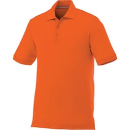 An orange short sleeve polo shirt for men with a collar and button placket, featuring a logo.