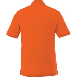 An orange men's short sleeve polo shirt with a collar and a logo on the back.