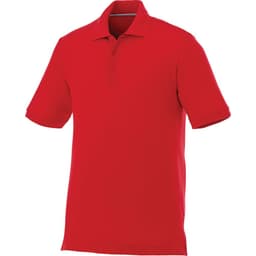 A red men's short sleeve polo shirt with a collar and three buttons, featuring a logo.