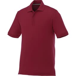 A maroon short sleeve polo shirt for men with a collar and buttons, featuring a logo.