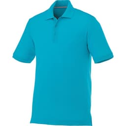 A turquoise short sleeve polo shirt with a collar and three buttons, featuring a branding logo.