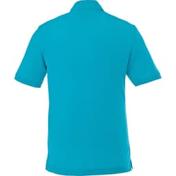 A men's short sleeve polo shirt in a bright turquoise colour, featuring a back view and a logo.
