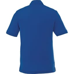 A blue short sleeve polo shirt for men featuring a collar and a logo.