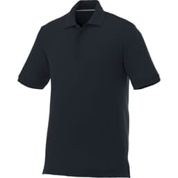 A short sleeve polo shirt in navy blue, featuring a collar and buttons, with a logo on the chest.