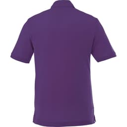 A men's short sleeve polo shirt in purple, featuring a collar and a logo.