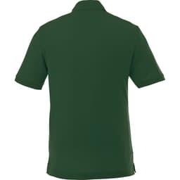 A green men's short sleeve polo shirt featuring a collar and side slits, with a logo on the back.