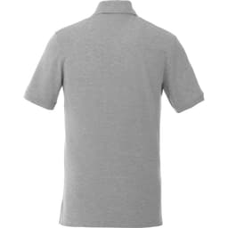 A grey short sleeve polo shirt featuring a collar and back view. Includes a logo.