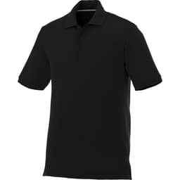 A black short sleeve polo shirt for men featuring a collar and three-button placket, with a logo on the chest.