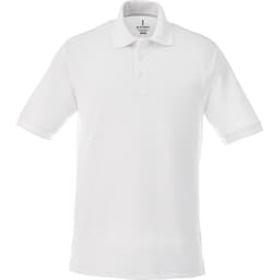 A white short sleeve polo shirt featuring a collar and a branded tag.
