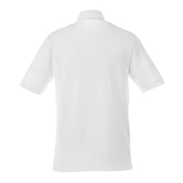 A white short sleeve polo shirt for men featuring a collar and a logo on the back.