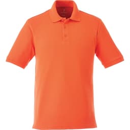 A short sleeve polo shirt in bright orange, featuring a collar and three-button placket. It has a logo on the chest.