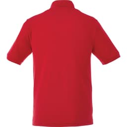 A red men's polo shirt with short sleeves and a collar, featuring a branding logo.