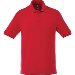 A red men's short sleeve polo shirt featuring a collar and buttons, with a logo on the chest.