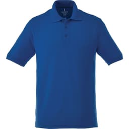 A blue men's short sleeve polo shirt with a collar and three buttons. It features a logo on the chest.