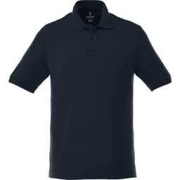 A dark blue men's short sleeve polo shirt with a collar and three button placket, featuring a logo on the label.