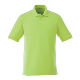 A lime green men's short sleeve polo with a collar and buttons, featuring a logo on the chest.
