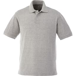 A grey short sleeve polo shirt with three buttons and a subtle logo on the chest.