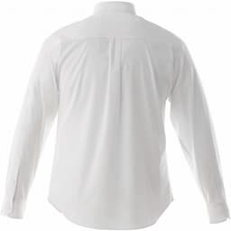 A white long-sleeve button-up shirt for men, featuring a plain back and buttoned cuffs. It has a logo on the fabric.