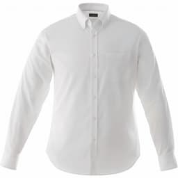 A white long sleeve button-up shirt with a pocket and a collar, featuring a logo on the label.