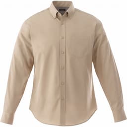 A long sleeve, button-up men's shirt in a light beige colour with a single chest pocket and a branded tag.