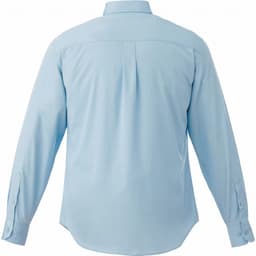 A light blue men's long sleeve button-up shirt with a back pleat and buttoned cuffs. It features a logo.