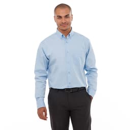 A light blue button-up shirt with a collar, long sleeves, and a single chest pocket. Features a logo.