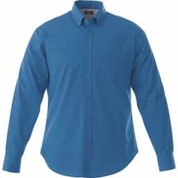 A blue long sleeve button-up shirt with a collar and a single chest pocket. The shirt features a logo.