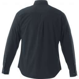A black long sleeve button-up shirt featuring a back yoke and cuff detail. It has a logo on the back.
