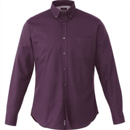 A men's long sleeve button-up shirt in a deep purple colour with a single chest pocket and a logo.