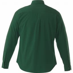 A green long sleeve button-up shirt, featuring a back pleat and buttoned cuffs, with a logo.
