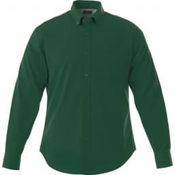 A green long sleeve button-up shirt for men with a pocket and a collar, featuring a logo.