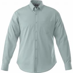 A mint green men's long sleeve button-up shirt with a single chest pocket and a logo on the collar.