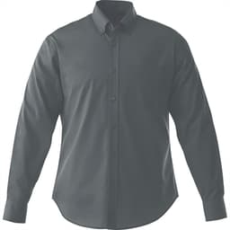 A dark green men's long sleeve button-up shirt with a chest pocket and a logo on the sleeve.