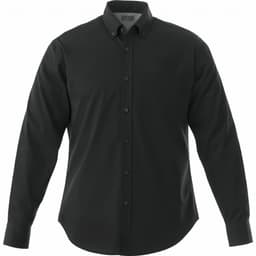 A black long sleeve button-up shirt for men featuring a front pocket and a logo.