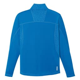 A blue knit quarter zip jumper for men with a subtle patterned design on the back and a logo.