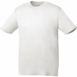 A white short-sleeve tech tee for men, featuring a simple design and a logo on the label.