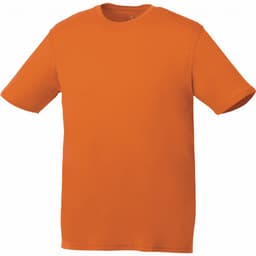 An orange short sleeve tech tee for men, featuring a simple design and a logo on the front.