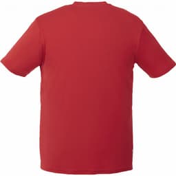 A red short sleeve men's tech tee featuring a plain back design and a small logo at the bottom.