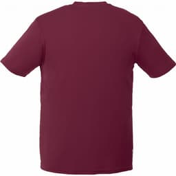 A maroon short sleeve tech tee for men, featuring a simple design and a logo on the side.