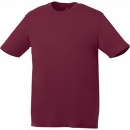 A maroon short sleeve tech tee for men, featuring a simple design and a logo.