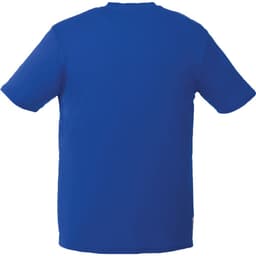 A blue men's short sleeve tech tee with a logo on the back. Suitable for casual wear or outdoor activities.