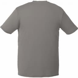 A grey short sleeve tech tee for men, featuring a simple design and a logo on the fabric.