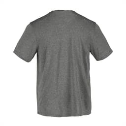 A grey short sleeve tech tee for men, featuring a simple design and a logo on the back.
