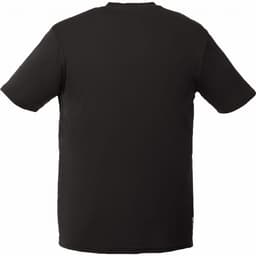 A black short sleeve tech tee for men featuring a simple design and a logo on the back.